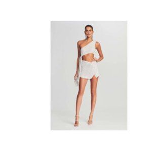 Retrofete Quinn sequin top and Ezra sequin skirt in white.